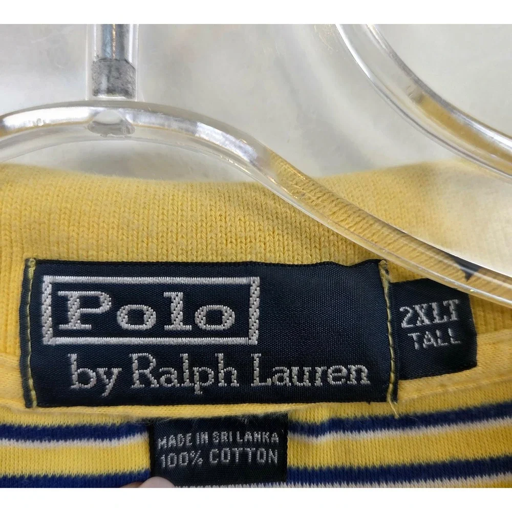 Polo Ralph Lauren Mens 2XLT Tall Polo Shirt Yellow Blue Striped Cotton Pony